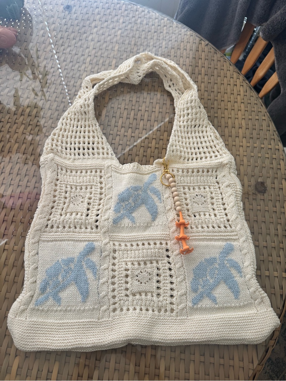 Hand-Knit Beach Tote with Blue Turtle Motif & keychain